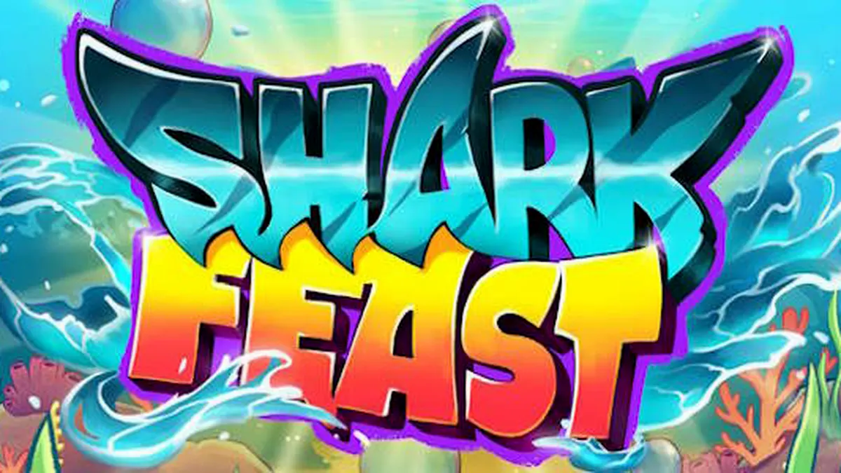 Tampilan visual penuh warna dari permainan slot Shark Feast dengan tema festival bawah laut neon.