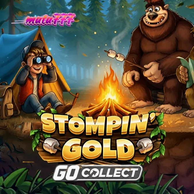 Pemandangan hutan lebat dalam slot Stompin Gold dengan karakter Bigfoot